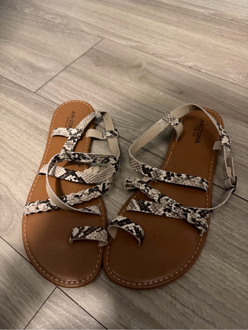 Arizona Jean Company Tan Footbed Snake-Print Strappy Sandals